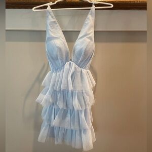 Selfie Leslie Sky Blue Ruffle Dress with Halter Neck